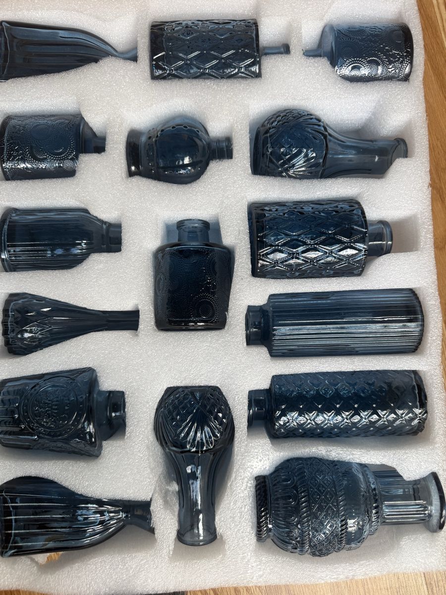 12-Piece Blue Glass Bottle Vases Assorted Shapes Decorative Centerpieces