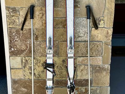 Vintage Mid-Century Downhill Skis with Poles - Retro Ski Decor