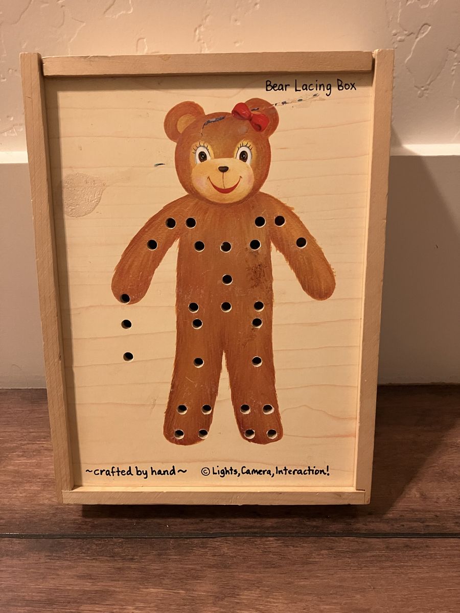Handcrafted Wooden Bear Lacing Box Toy by Lights, Camera, Interaction!