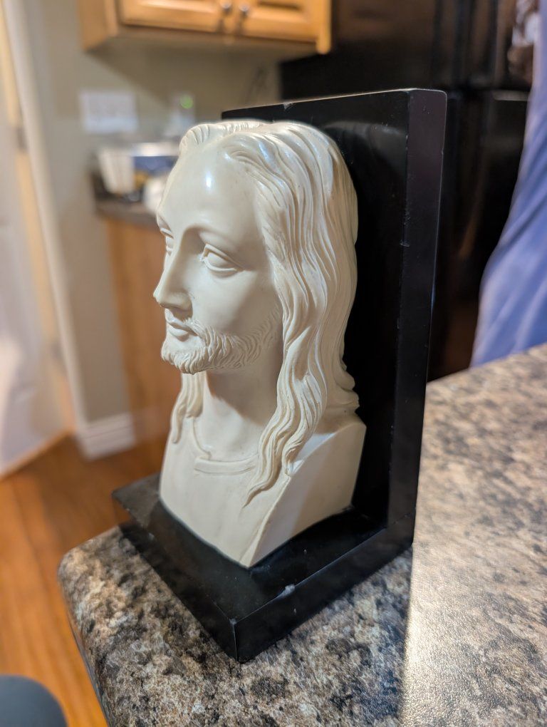 Vintage Jesus Christ Bust Religious Figurine Statue on Black Base, Cream Color