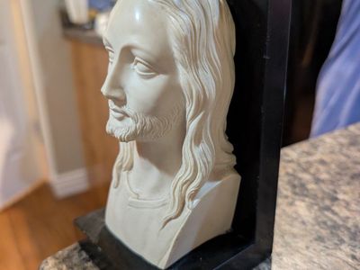 Vintage Jesus Christ Bust Religious Figurine Statue on Black Base, Cream Color
