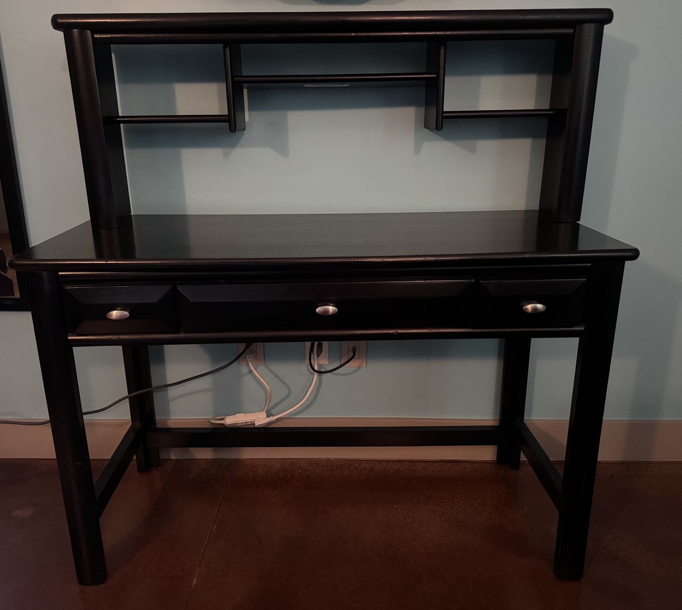 Black Wood 3-Drawer Desk with Hutch – Excellent Condition