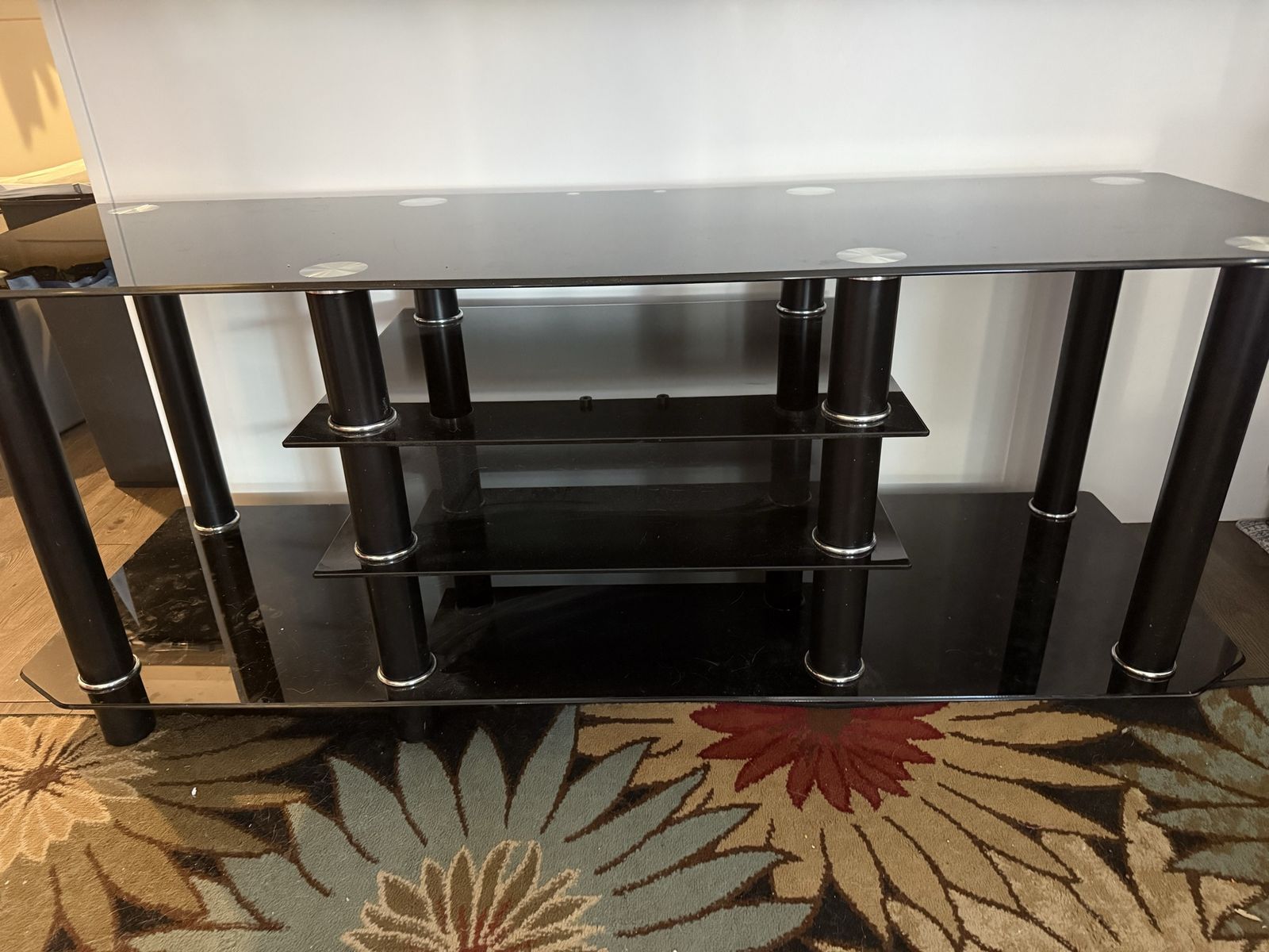 Black Glass 3-Tier Media Console/TV Stand with Chrome Accents, Modern Design