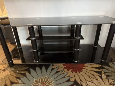 Black Glass 3-Tier Media Console/TV Stand with Chrome Accents, Modern Design