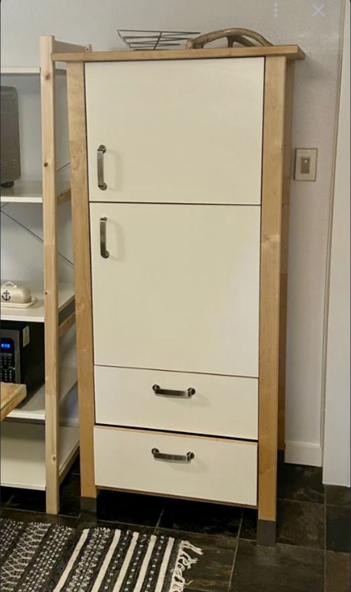 Tall Wooden Storage Cabinet Armoire - White Doors & 2 Drawers