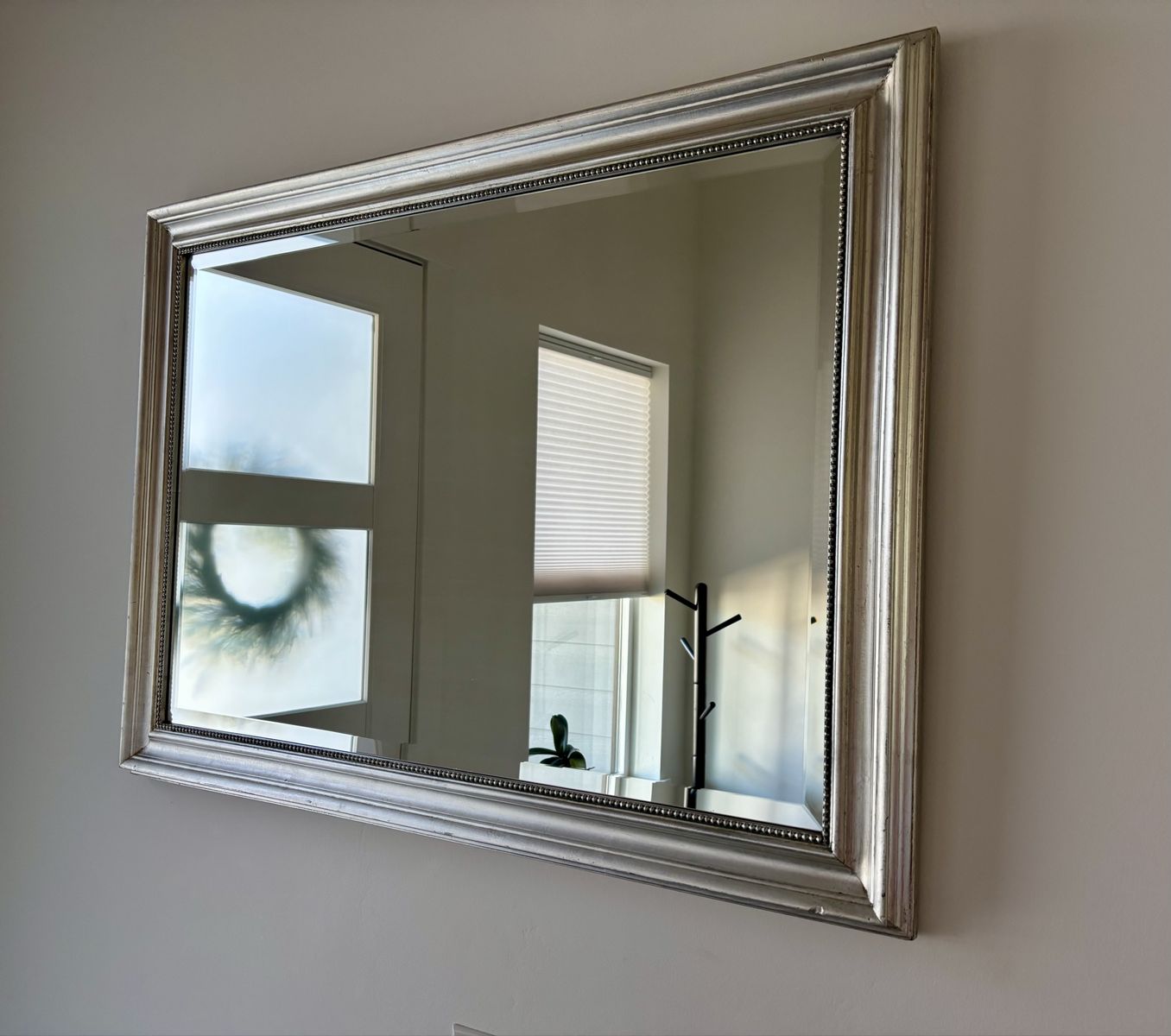 Ornate Silver Framed Wall Mirror - 40" x 28" Beveled Edge, Excellent Condition