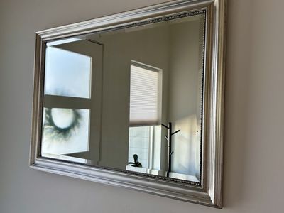 Ornate Silver Framed Wall Mirror - 40" x 28" Beveled Edge, Excellent Condition