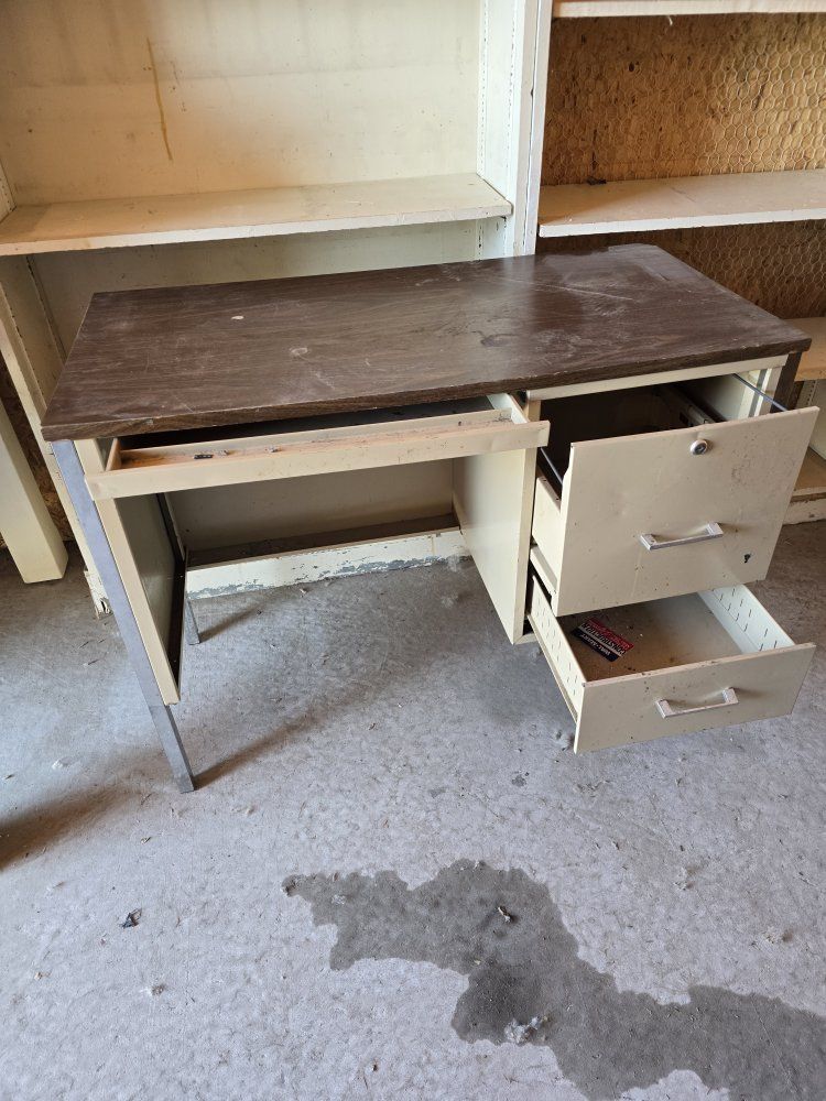 Vintage Metal Office Desk with Wood Top - Industrial Style, File Drawers obo