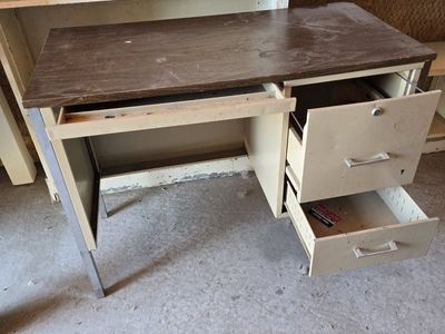 Vintage Metal Office Desk with Wood Top - Industrial Style, File Drawers obo