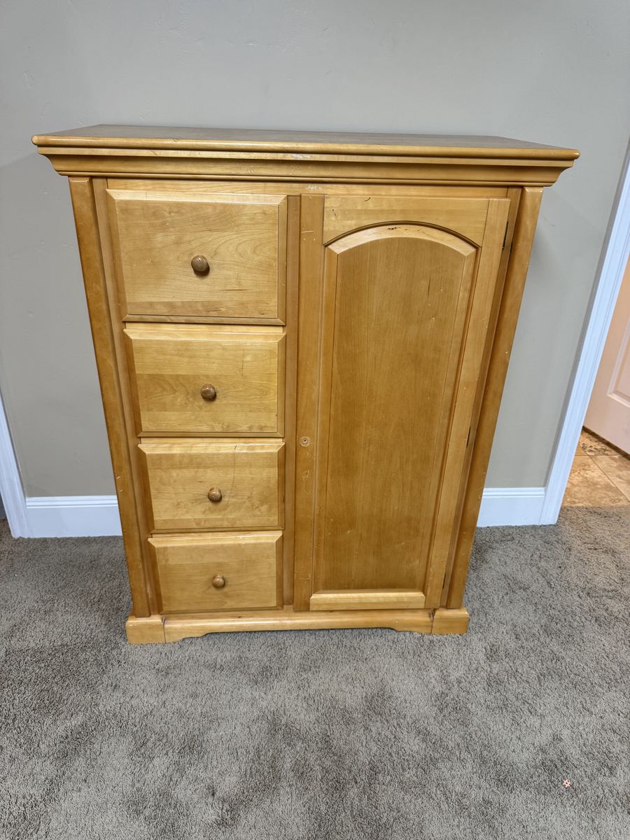 Solid Wood Wardrobe Armoire - Light Wood Finish, 4 Drawers, Adjustable Shelves