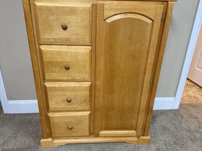 Solid Wood Wardrobe Armoire - Light Wood Finish, 4 Drawers, Adjustable Shelves