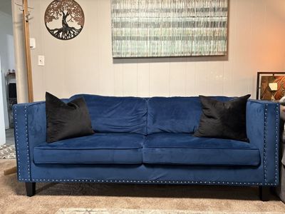 Blue Velvet Nailhead Trim Sofa
