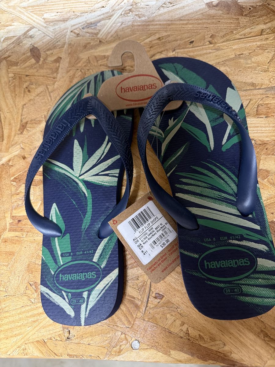 Havaianas Aloha Sandal Navy Blue Tropical Palm Print Flip Flops Size USA 8 EUR 41/42 NWT