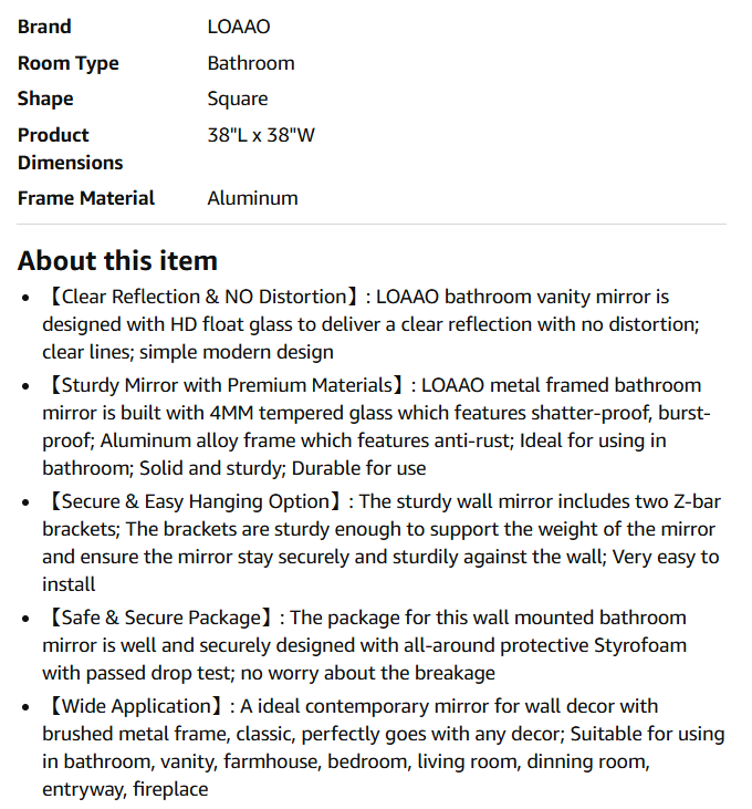 LOAAO 38x38 Inch Black Bathroom Mirror Metal Framed