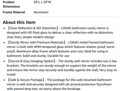 LOAAO 38x38 Inch Black Bathroom Mirror Metal Framed