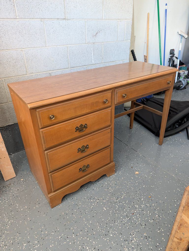 Vintage Wooden Single Pedestal Writing Desk with Drawers