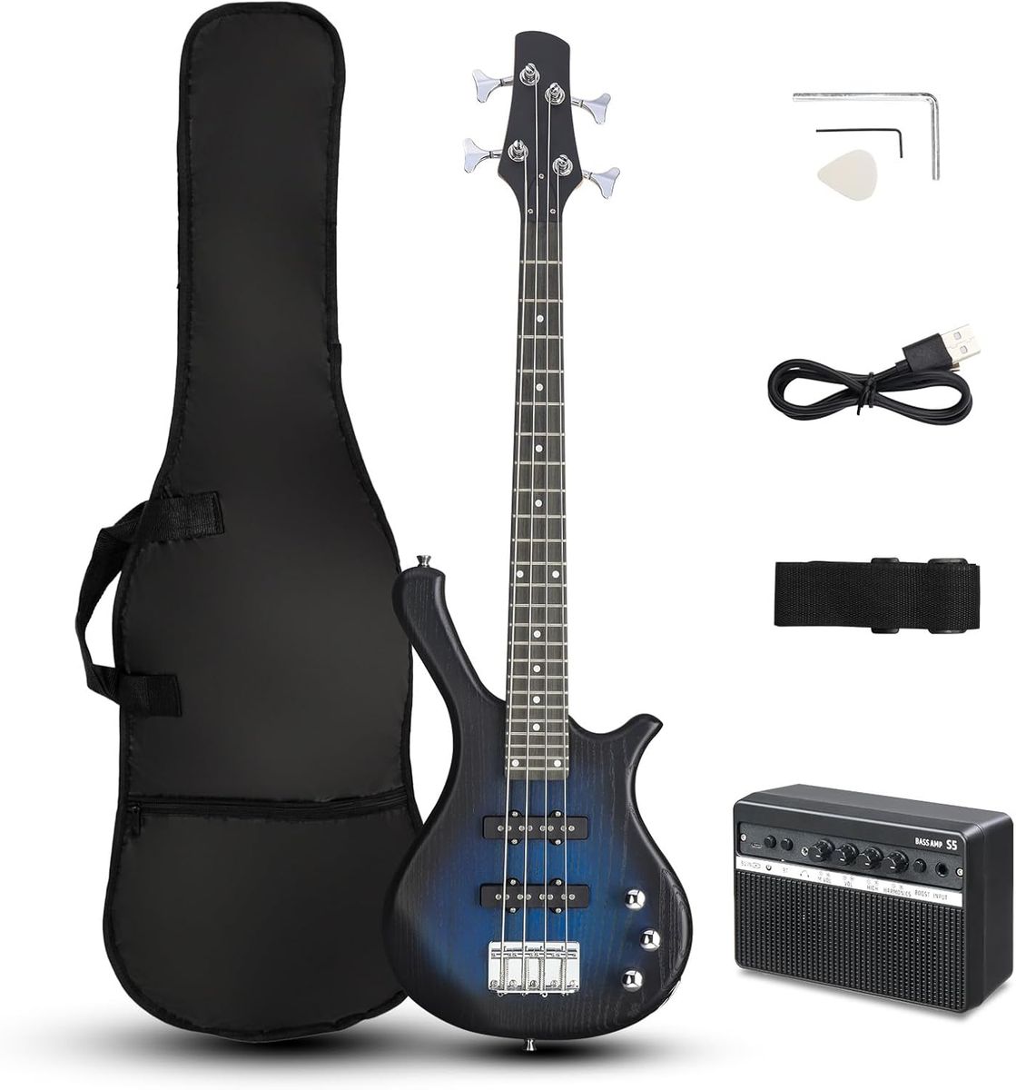 New in Box Electric Bass Starter Set (36 in Length) with Dual Connectivity & Portable Power 15W Amp
