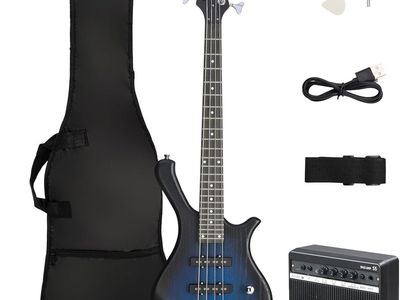 New in Box Electric Bass Starter Set (36 in Length) with Dual Connectivity & Portable Power 15W Amp