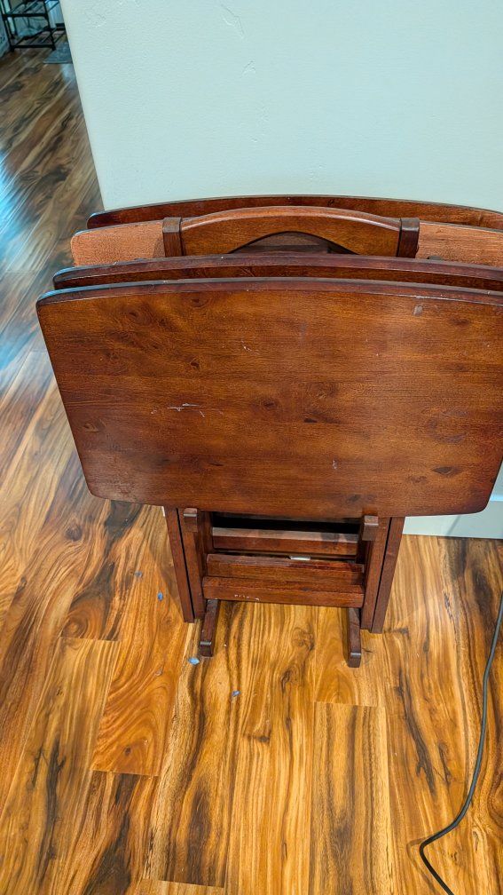 Set of 4 Wooden Folding TV Trays with Storage Rack - Brown