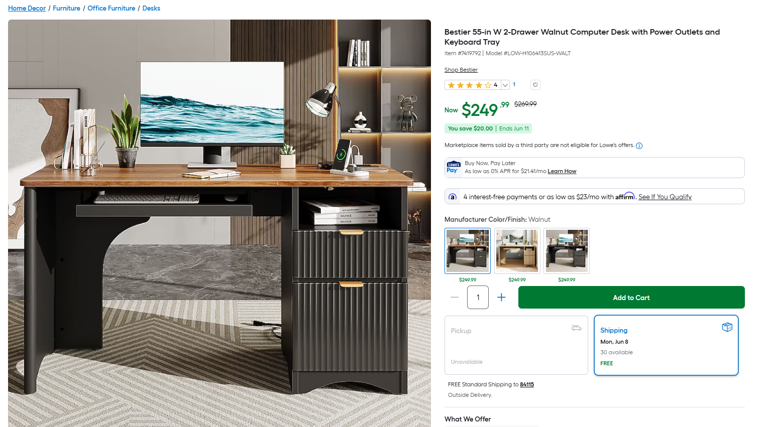Bestier 55-in W 2-Drawer Walnut Computer Desk with Power Outlets and Keyboard Tray