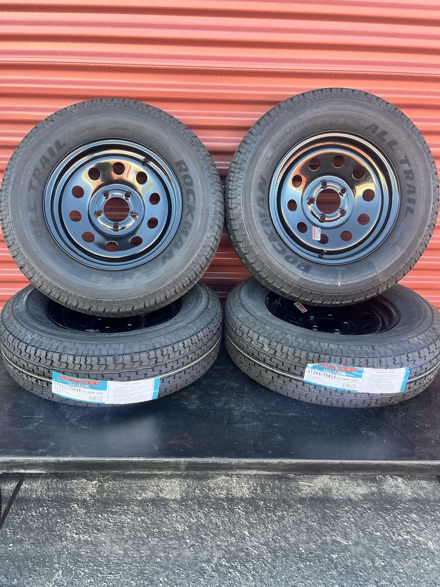 New Set of 4 Rockman ST 205/75 R 15 Trailer Tires Mounted on New Black Wheels Mod Wheels Heavy Duty 10 Ply E Load 5 on 4.5