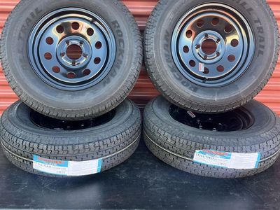 New Set of 4 Rockman ST 205/75 R 15 Trailer Tires Mounted on New Black Wheels Mod Wheels Heavy Duty 10 Ply E Load 5 on 4.5