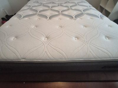Moving Sale! Dark Wood solid. Queen Size Bed Frame and Mattress Set.$480.00 cash.