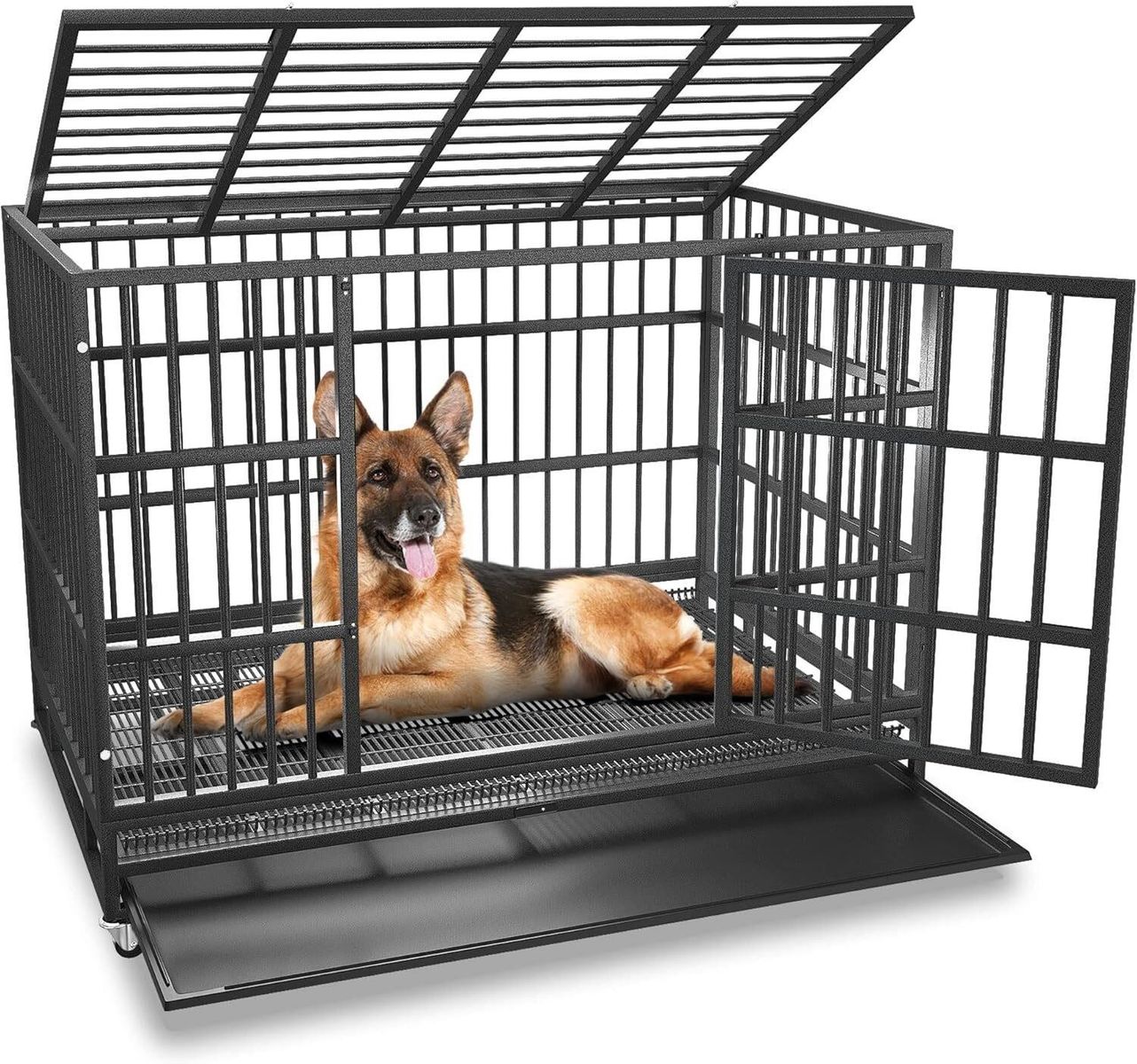 42 inch Heavy Duty Escape-Proof Dog Crate Cage Kennel for Large Dogs, Removable Trays, Wheels, Double Door
