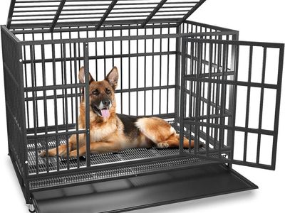 42 inch Heavy Duty Escape-Proof Dog Crate Cage Kennel for Large Dogs, Removable Trays, Wheels, Double Door