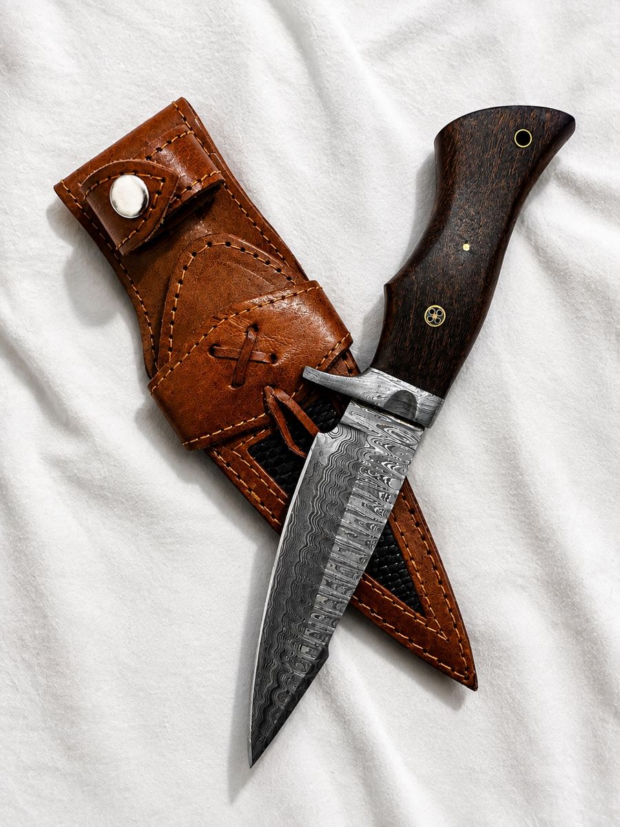 Damascus Steel Fixed Blade Knife with Wooden Handle and Leather Sheath