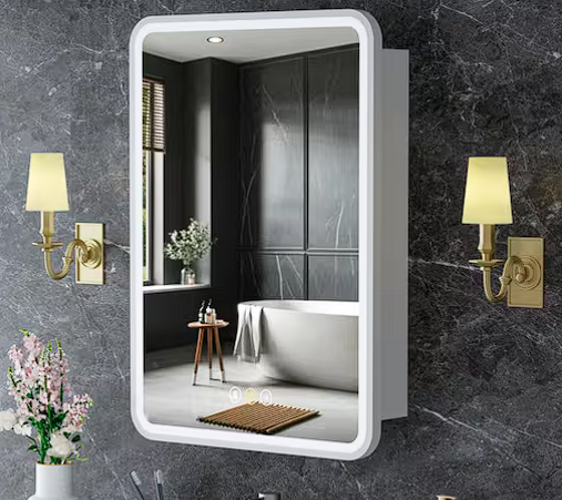 HBEZON 20 in. W x 28 in. H Recessed or Surface Medicine Cabinet Lighted Mirror White Right Hinge