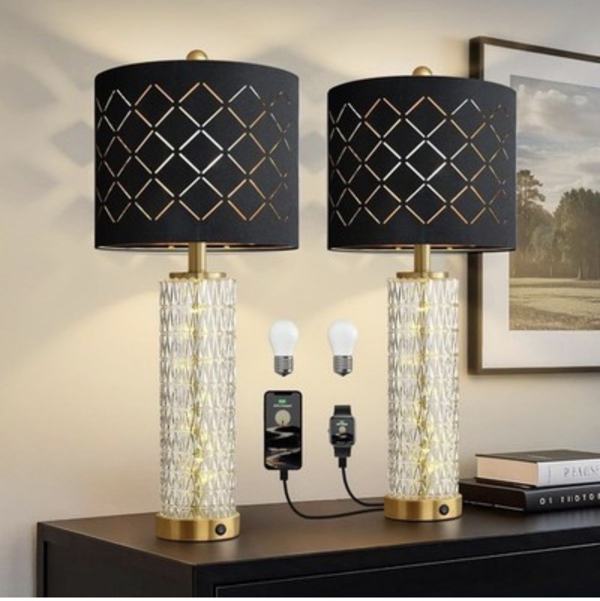 2-Pack Crystal USB Table Lamps with Black Fabric Shades - Touch Control, Dimmable, USB-A & USB-C Ports