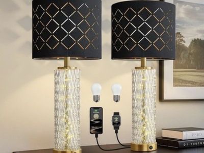 2-Pack Crystal USB Table Lamps with Black Fabric Shades - Touch Control, Dimmable, USB-A & USB-C Ports