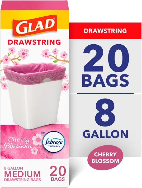 8 Boxes Glad Trash Bags, Cherry Blossom, 8 Gallon