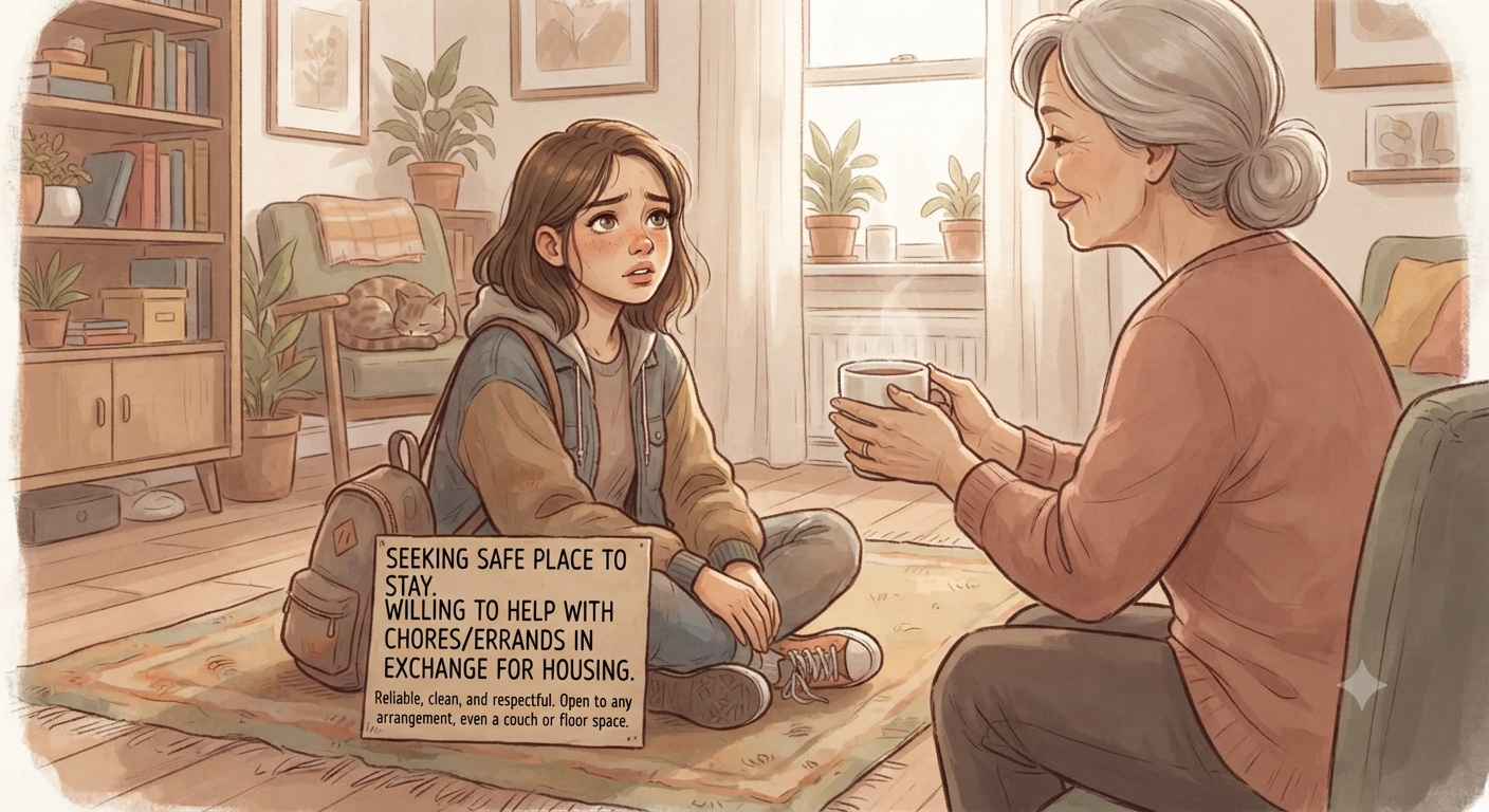 Looking for a safe place to stay/willing to help around the house