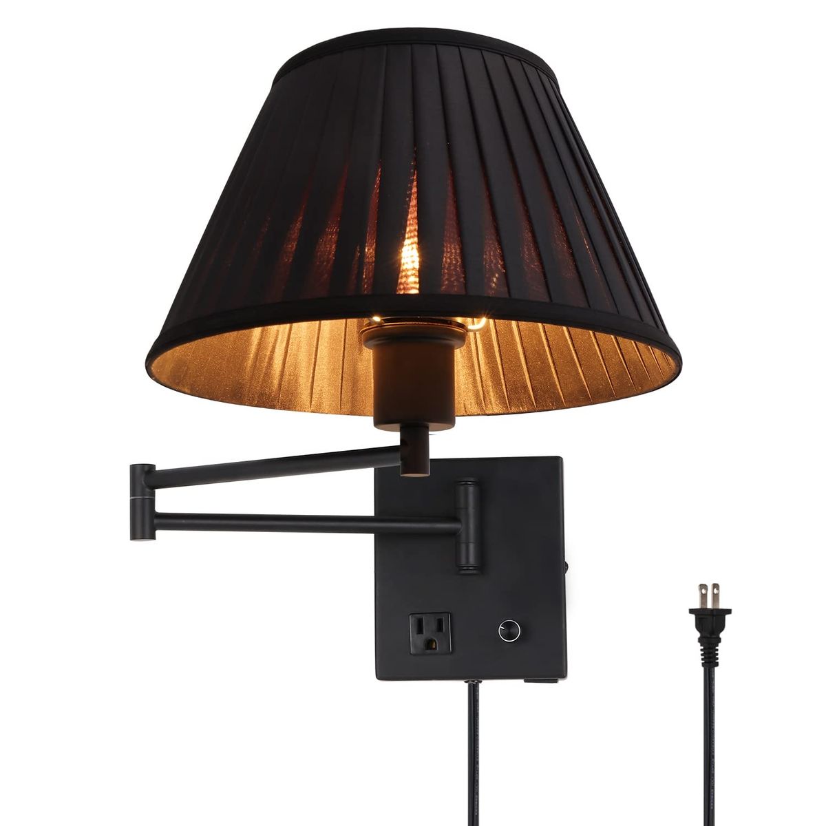 Homkin 17" Swing Arm Wall Lamp USB & AC Outlet, Dimmable, Black