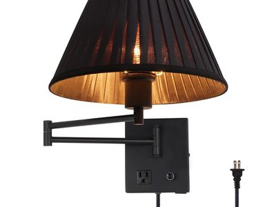 Homkin 17" Swing Arm Wall Lamp USB & AC Outlet, Dimmable, Black