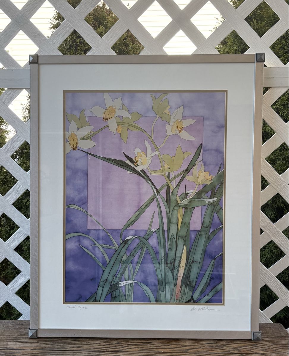 Vintage Artist-Signed “Orchid Square” Framed Art Print – 24.5” × 31.5”