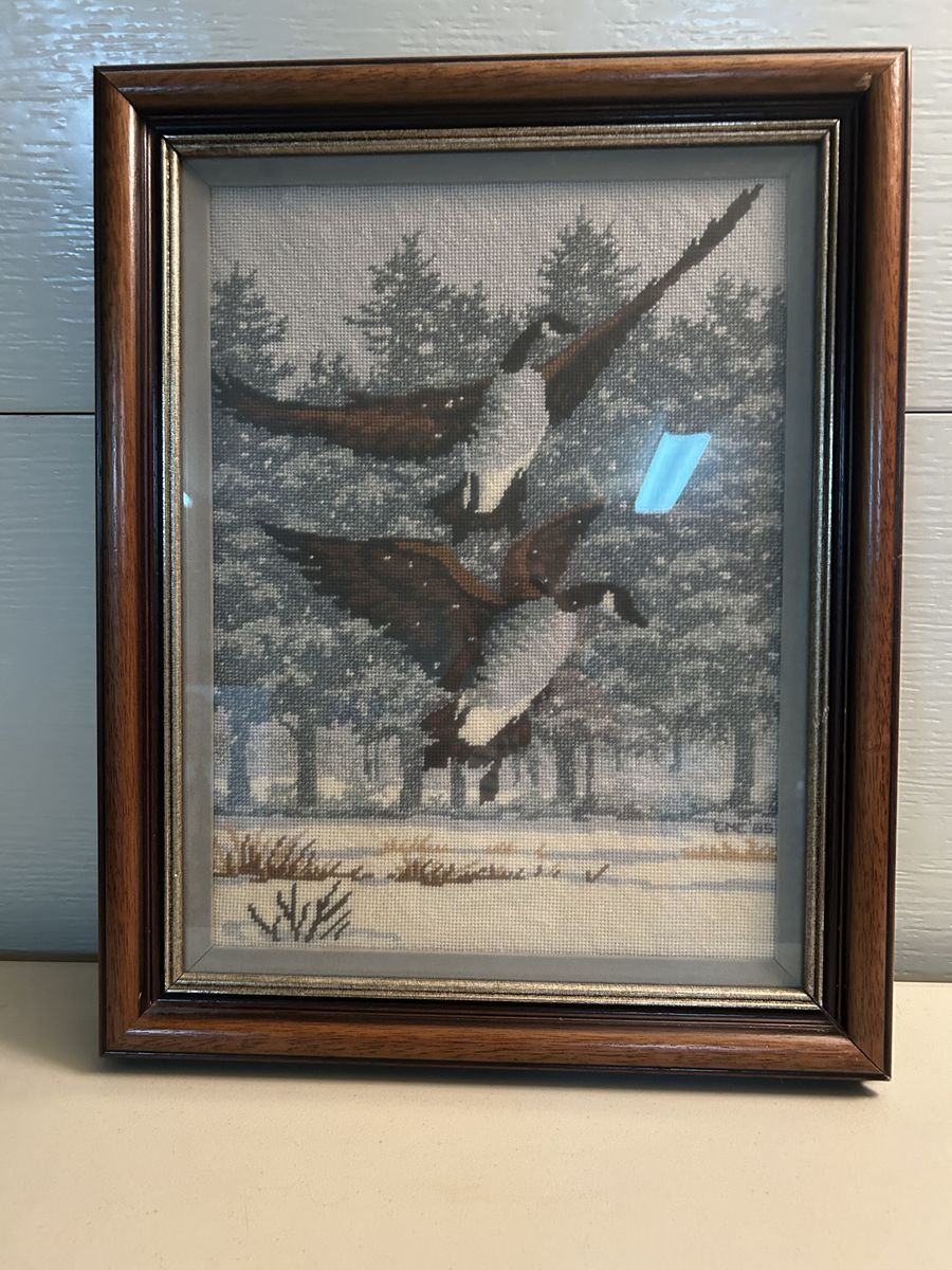 Framed Vintage Needlepoint Ducks Wall Art – Rustic Cabin Decor - 16"W x 20"H