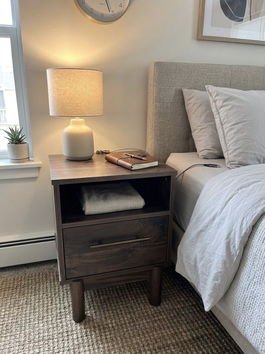 Modern Mid-Century Wood Nightstand/End Table with Drawer and Open Shelf - Dark Walnut Finish