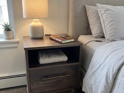 Modern Mid-Century Wood Nightstand/End Table with Drawer and Open Shelf - Dark Walnut Finish