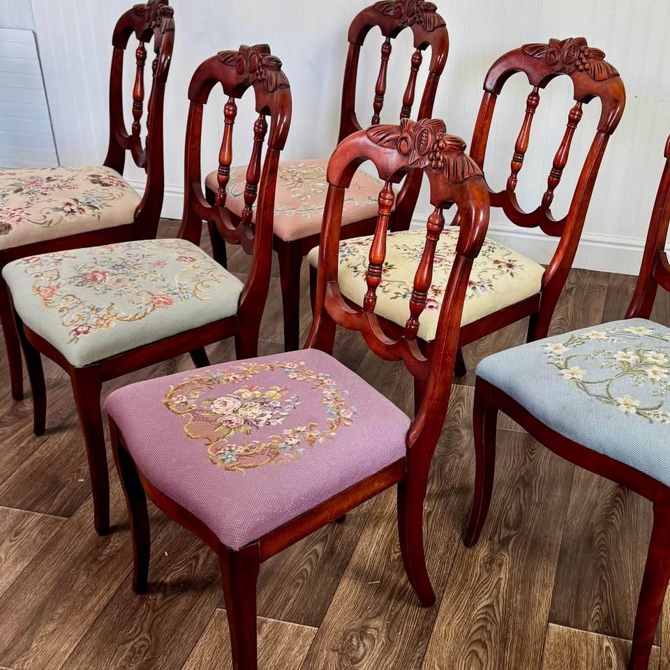 6 Vintage Victorian Rococo Revival Balloon-Back Dining Chairs with Needlepoint Seats