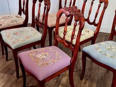 6 Vintage Victorian Rococo Revival Balloon-Back Dining Chairs with Needlepoint Seats