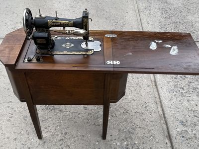Vintage White Rotary Sewing Machine With Cabinet