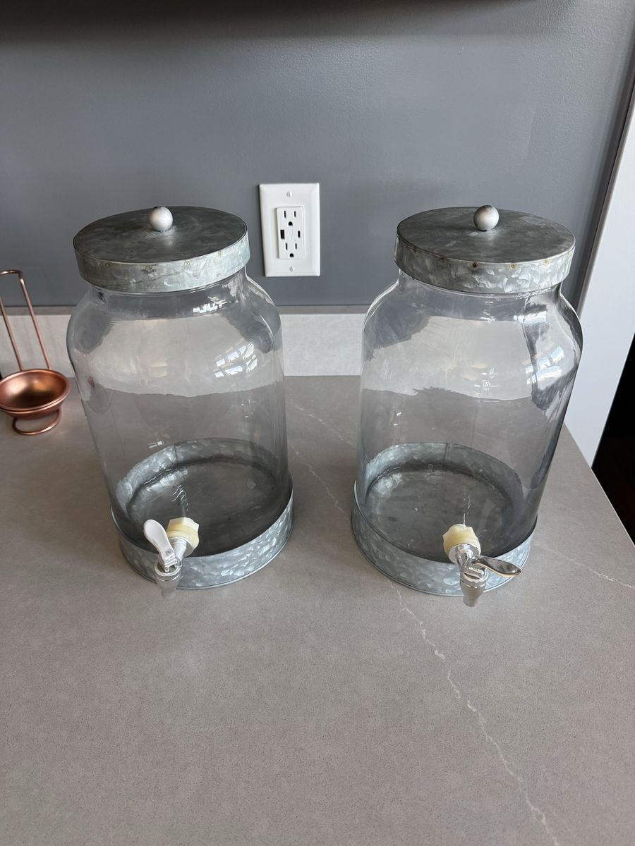 Two Decorative Glass Beverage Dispensers with Spigot