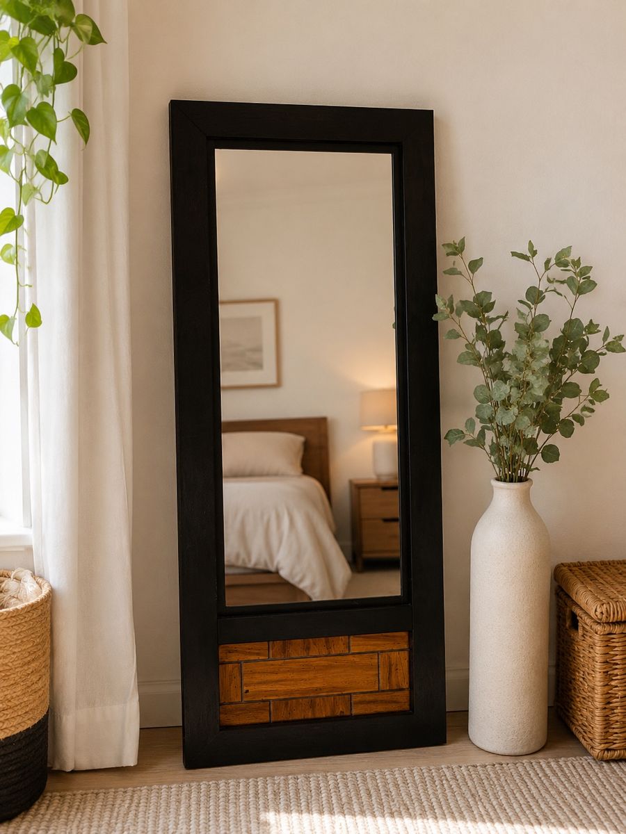 Full Length Mirror 49" x 20" Black Frame w/ Wood Inlay Modern Farmhouse Decor