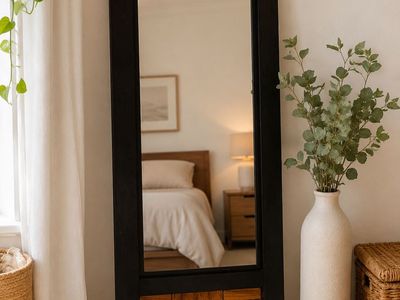 Full Length Mirror 49" x 20" Black Frame w/ Wood Inlay Modern Farmhouse Decor