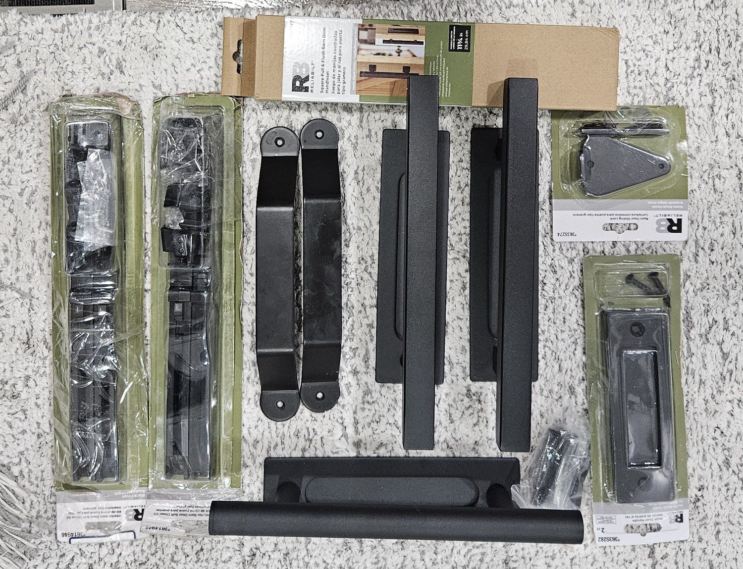RELIABILT Matte Black hardware. Indoor Single Barn Door Handles, soft close, lock and flat flush plates
