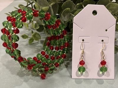 Red Green & Gold Czech Crystal Beaded Coil Bracelet & Drop Style Earrings