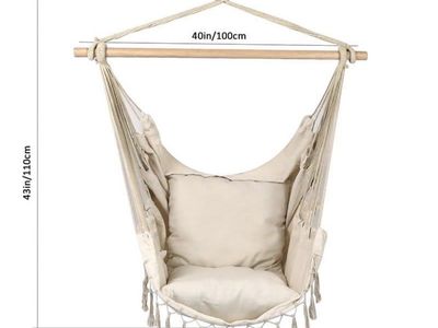 Ankwell Beige Cotton Hammock Chair Swing - Indoor/Outdoor Hanging Seat with Pillow